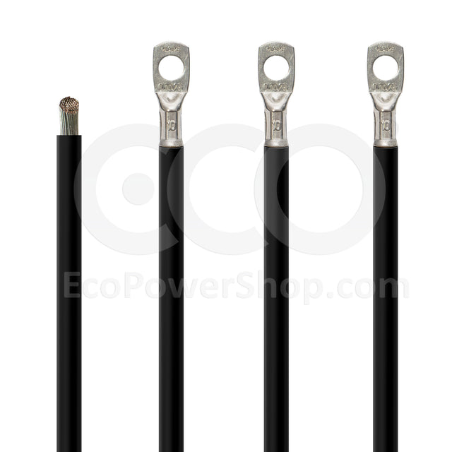 10 sq. mm black battery cable with bare end and crimped connectors