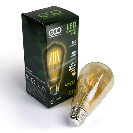 ECO Amber pear-shaped E27 LED filament bulb and box