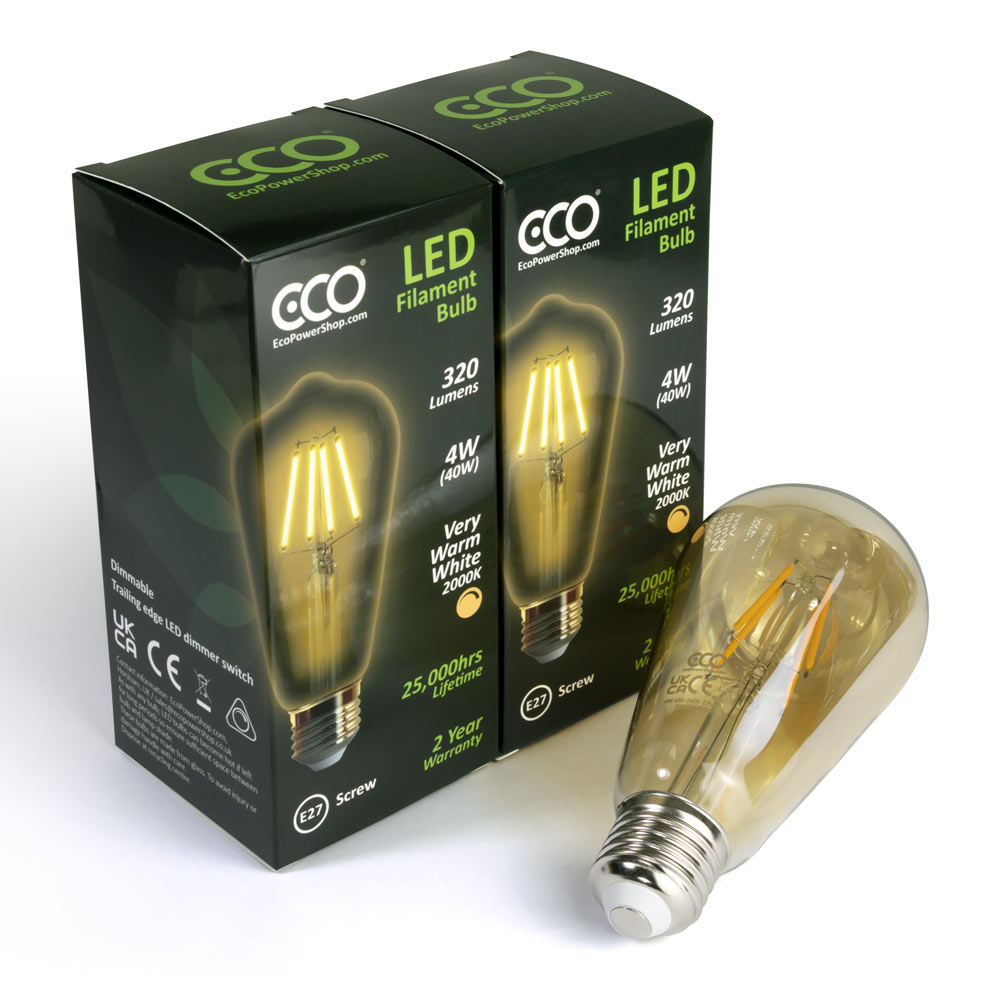 2 pack - ECO Amber pear-shaped E27 LED filament bulb and 2 bulb boxes