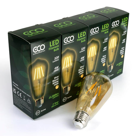 4-bulb pack of ECO amber pear-shaped E27 LED filament bulbs