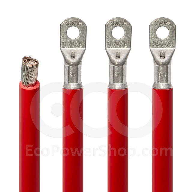 50 sq mm red marine battery cable shown crimped with marine-grade connectors and bare ends