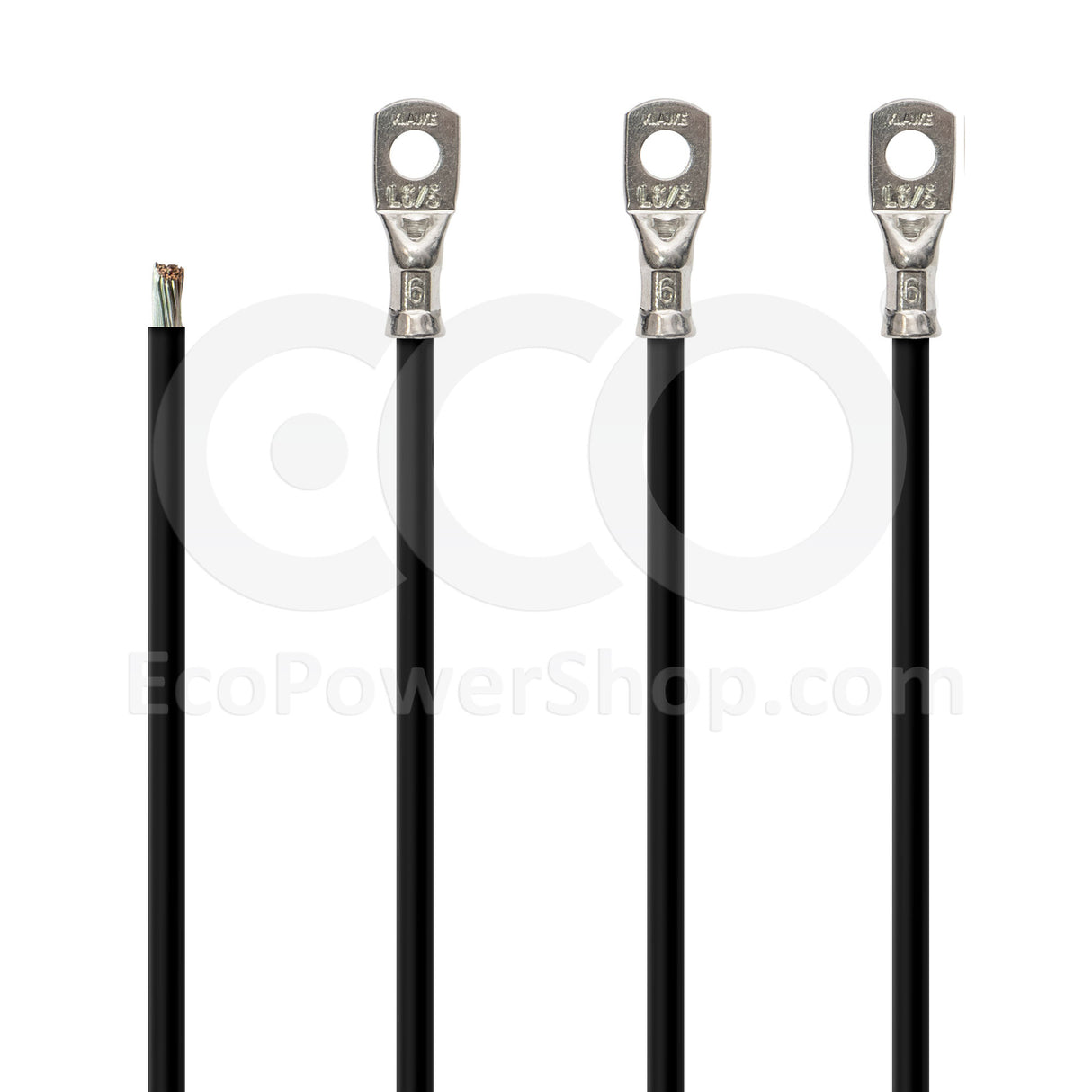 Black battery cable with 6 sq mm diameter shown with a bare end and crimped connectors