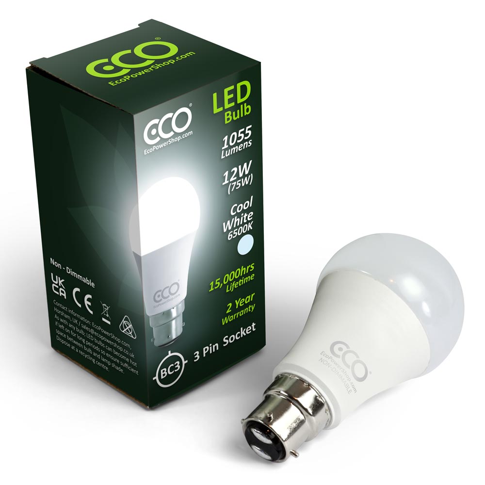 BC3 3-pin Cool White 1055 lumens ECO LED light bulb and box