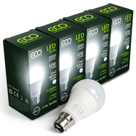 4 box pack of BC3 3-pin Cool White 1055 lumens ECO LED light bulbs