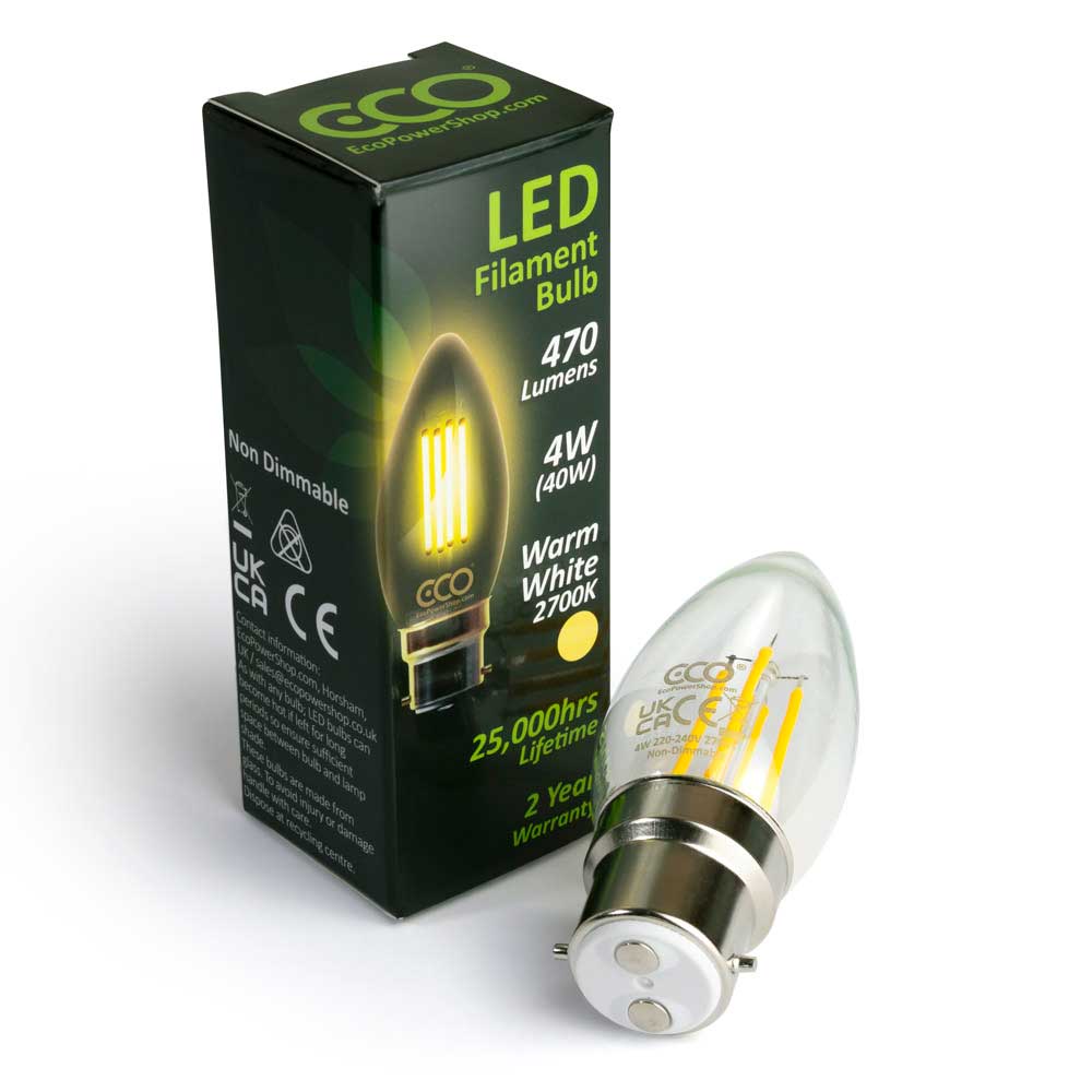 ECO B22 Candle LED filament non-dimmable bulb and box