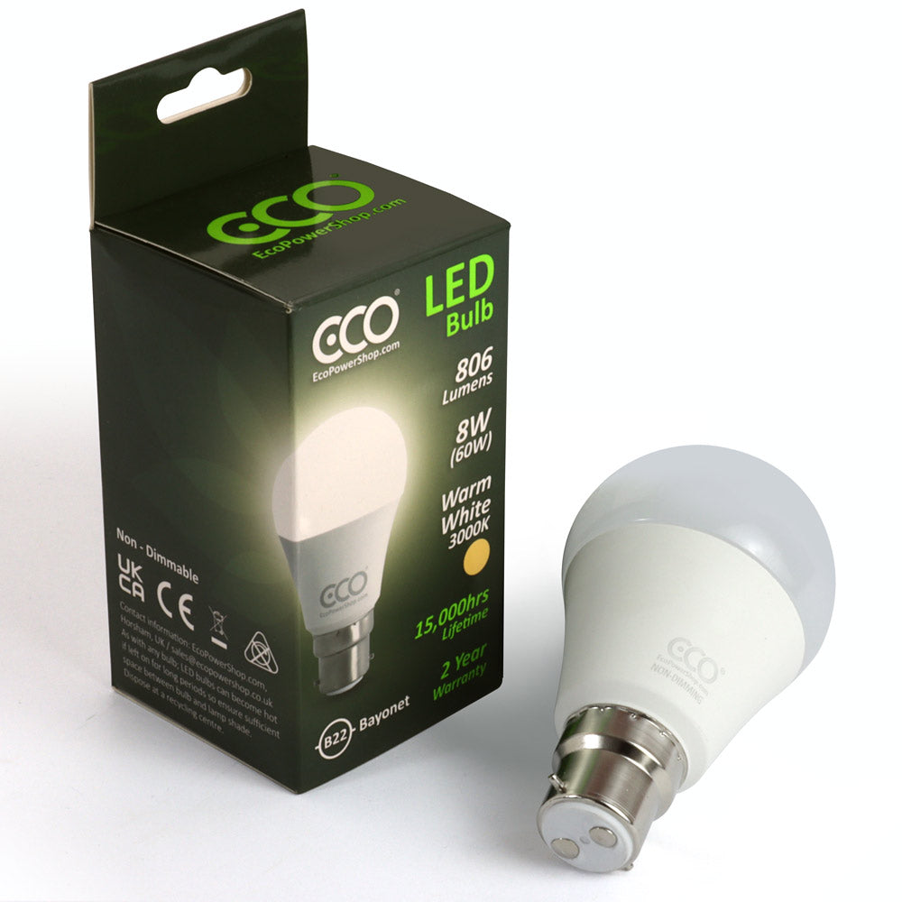 ECO 60W warm white led B22 bulb and box