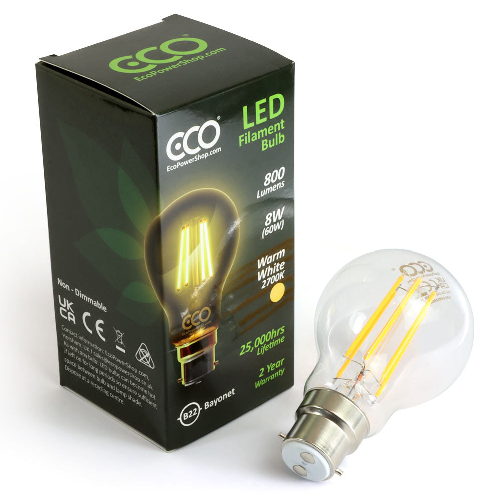 1 ECO warm white LED filament B22 bulb and box