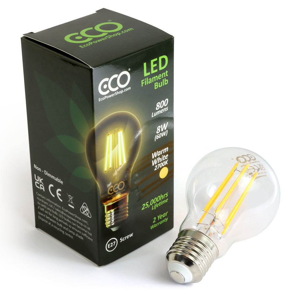 ECO 60W-equivalent LED filament E27 bulb and box