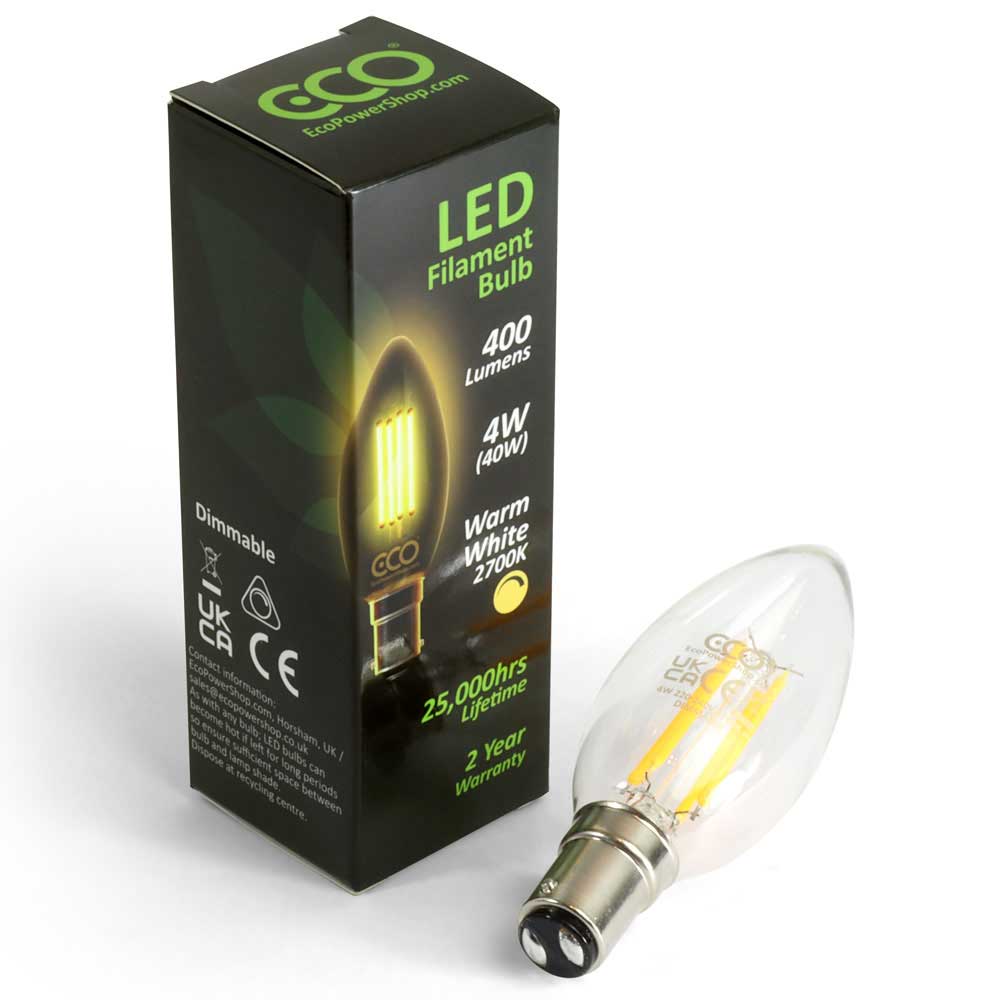 ECO B15 dimmable LED filament candle bulb and box