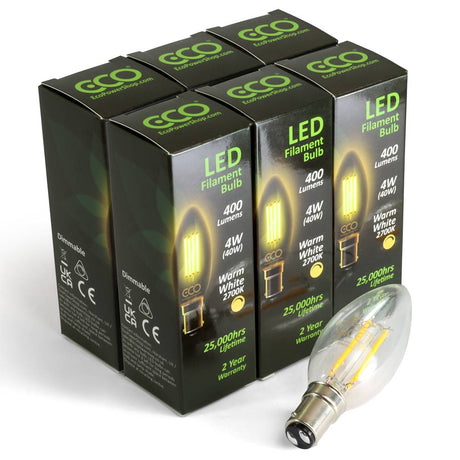 6-box pack of ECO B15 dimmable LED filament candle bulbs