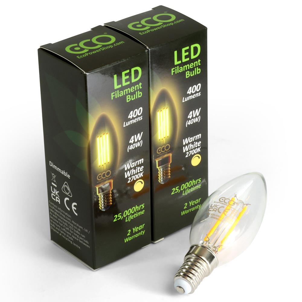 2 bulb pack of ECO Candle LED Filament Dimmable E14 Bulbs