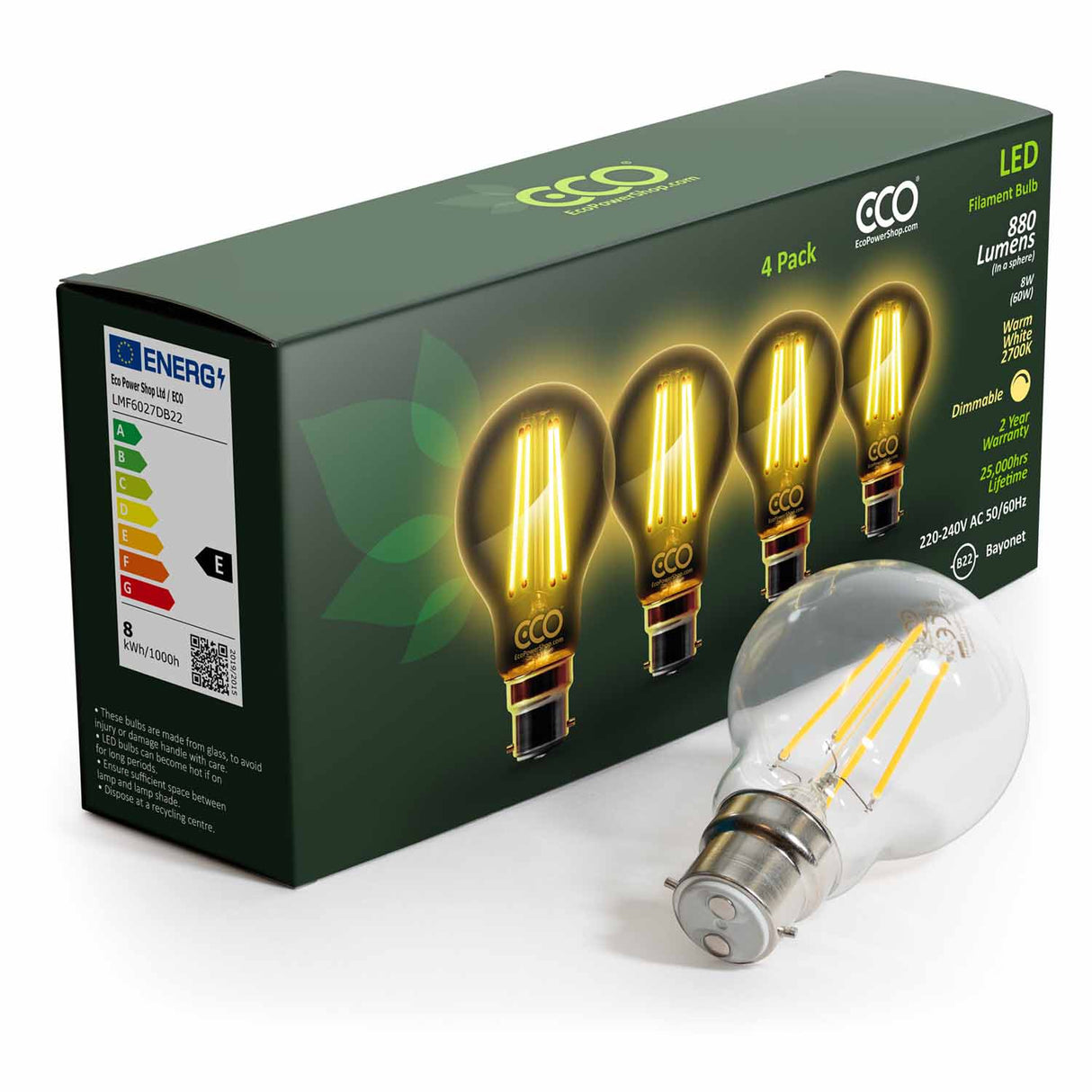 Dimmable B22 LED Filament Bulb & 4-pack Box