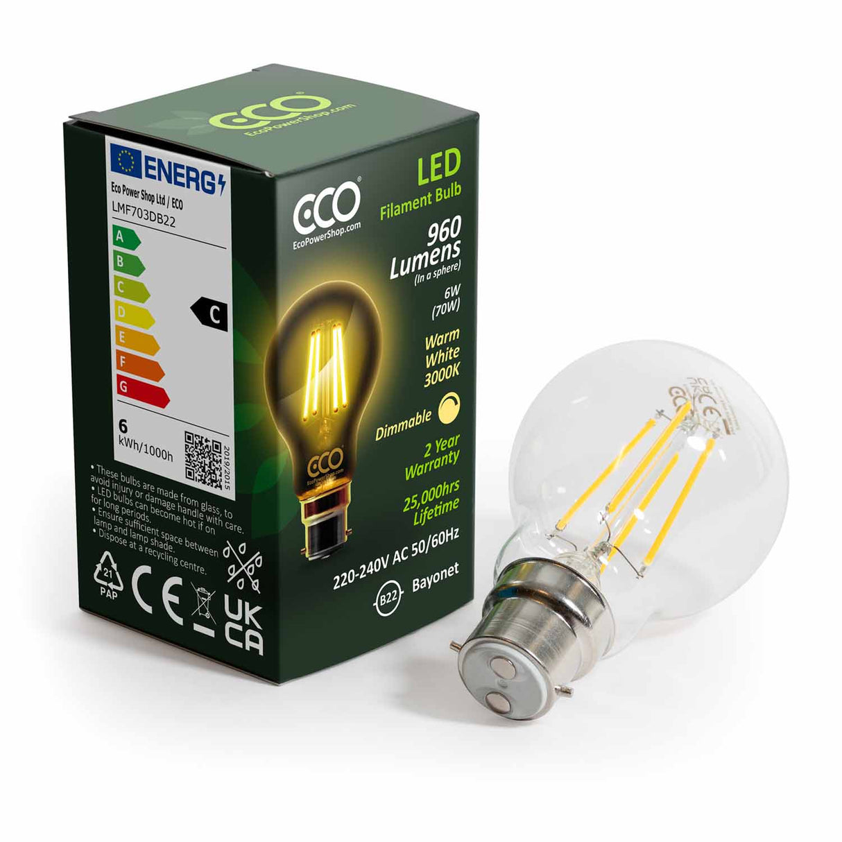 ECO B22 Dimmable LED Filament Bulb 70W Eqv