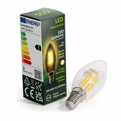 2W ECO E14 SES LED filament candle bulb lying next to bulb box