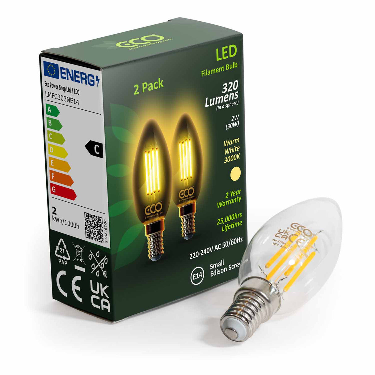 2W ECO E14 SES LED filament candle bulb lying next to box of 2-bulbs