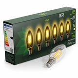 2W ECO E14 SES LED filament candle bulb lying next to 6-pack box