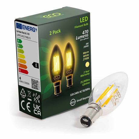 ECO B15 4W LED Candle bulb lying next to 2-bulb box