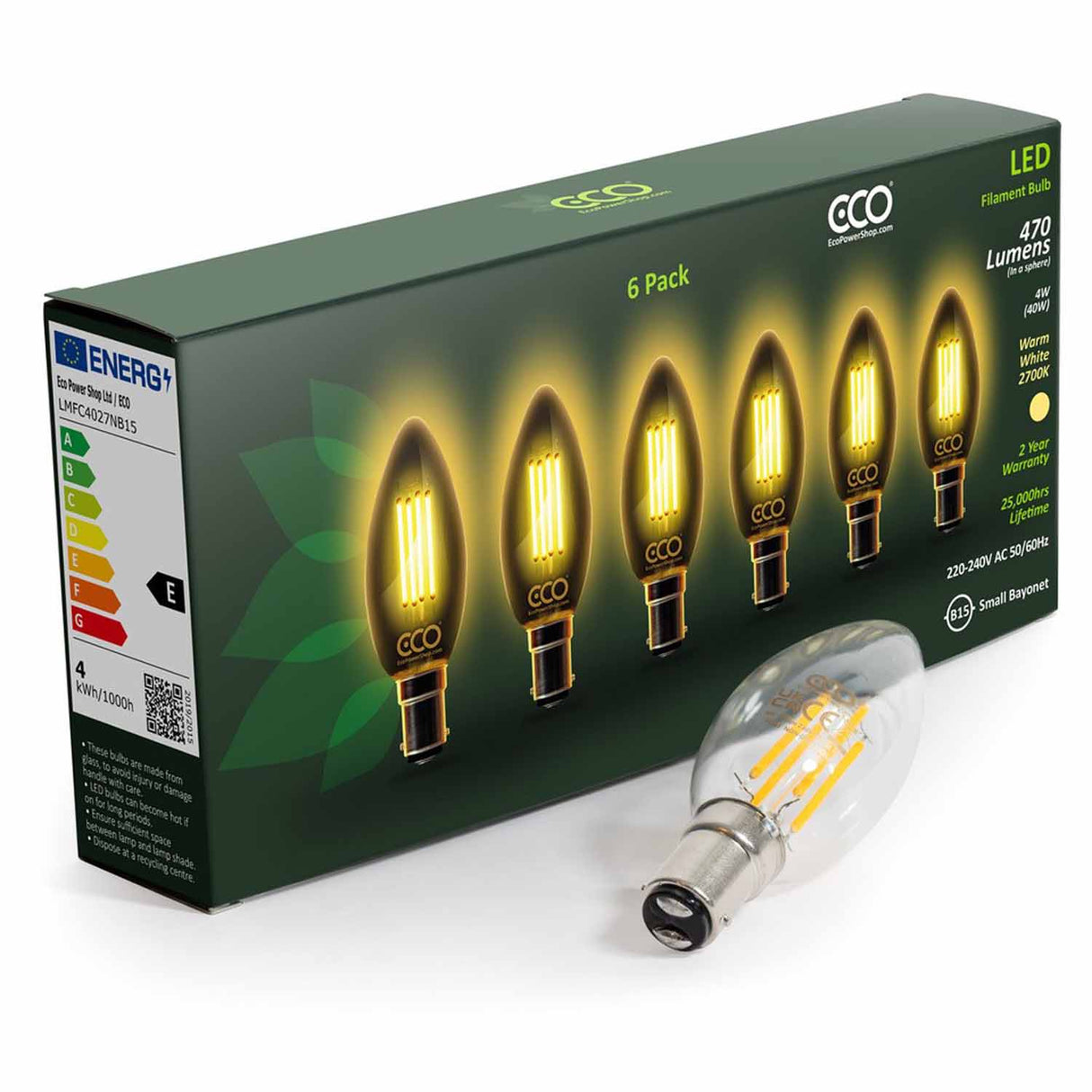 ECO B15 4W LED Candle bulb lying next to 4-bulb box