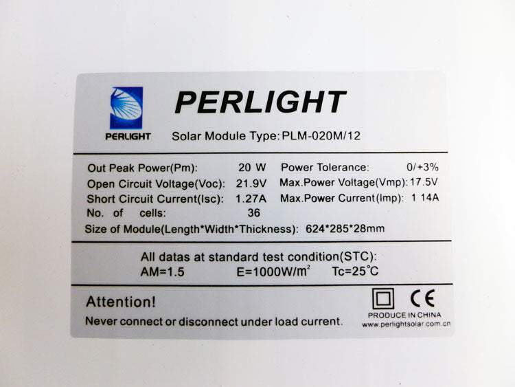 Perlight 20W Monocrystalline Solar Panel