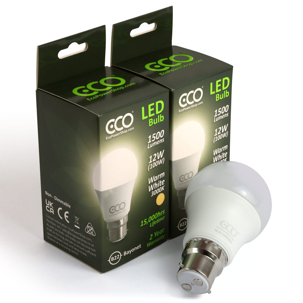 2 bulb box pack of ECO B22 warm white 100W-equivalent LED bulbs